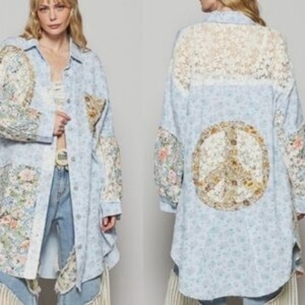 POL Light Blue Floral Patchwork Button-Up Long Ca… - image 2